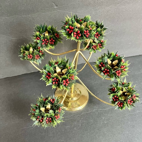 VTG Candelabra Christmas Tree Brass Plastic Holly MCM Candle Holder Centerpiece - Picture 4 of 6